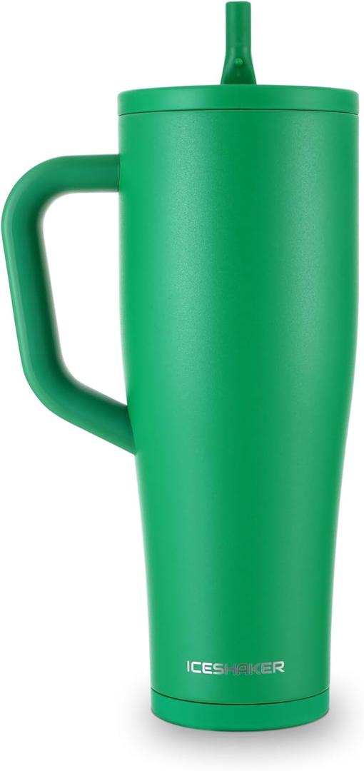 Ice Shaker 40 oz Tumbler with Handle and Straw | 40oz Green | Cold for 30+ Hours | 2-in-1 Tumbler Shaker Bottle | Odor-Free 40 ounce Bottle for Water, Protein Shakes, Smoothies, Cocktails