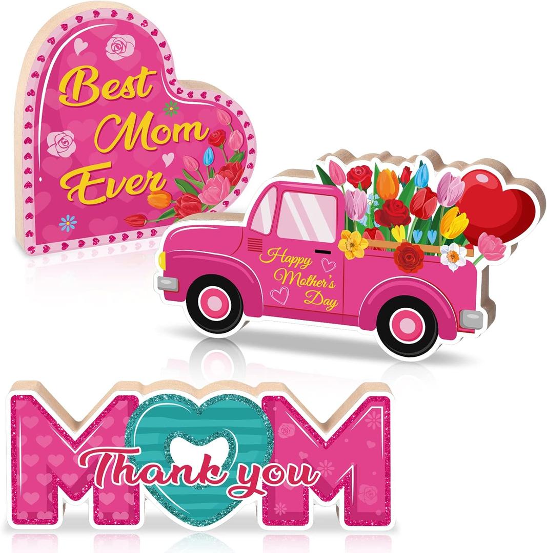 3 Pieces Mother's Day Wooden Tabletop Sign Thank You Mom Wood Sign Happy Mother's Day Quotes Wooden Block Sign Freestanding Mother Saying Wood Sign for Table Centerpiece Home Table Holiday Decor