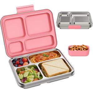BABHAMNESS Stainless Steel Kids Bento Lunch Box, 4-Compartments with Silicone Container, Dishwasher-Safe, Child-Friendly Design for School and Travel,BPA-Free(Pink)