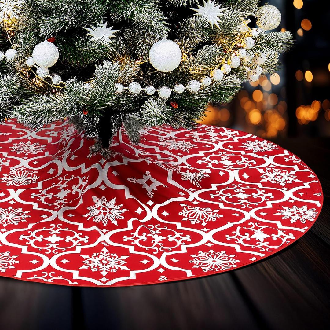 Realspring Christmas Tree Skirt 72.8 Inch Oversized Size Large Snowflake Reindeer Red Xmas Tree Skirt for Christmas Winter New Year Holiday Party Decor