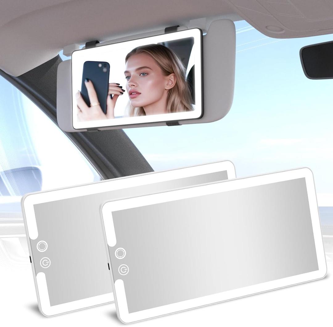2PCS Car Visor Vanity Mirror with Lights, Rechargeable Dimmable Touch LED Sun Visor Mirrors, Large Detachable Vanity Makeup Mirror with 3 Color Modes for Truck SUV Car Accessories for Women(White)