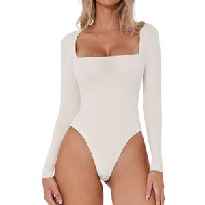 QINSEN Women's Sexy Square Neck Bodysuit Long Sleeve Double Lined Shirt Tops (White, S)