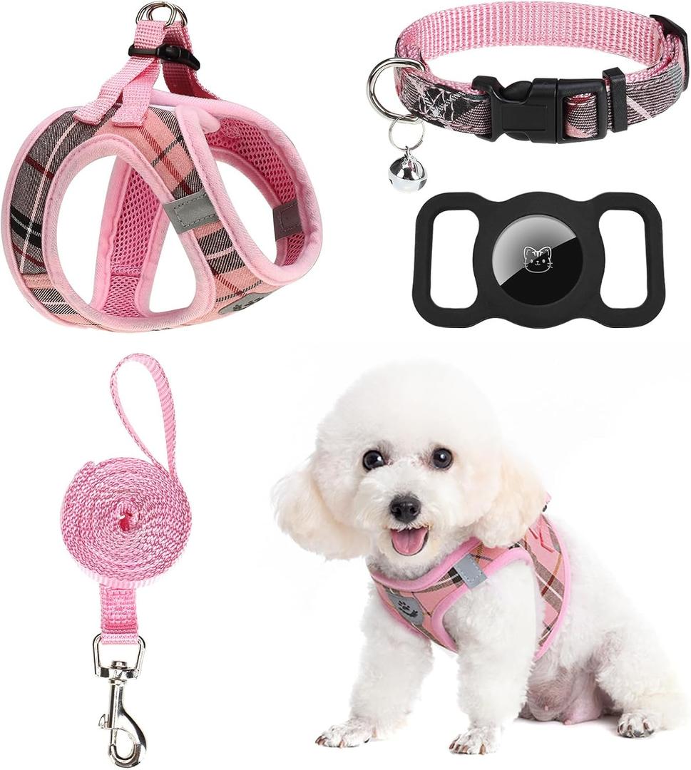 EXPAWLORER Classic Plaid Puppy Harness - Small Dog Harness and Leash Set - Dog Collar and Leash Set with AirTag Holder, Soft Padded Step in Dog Vest Harness No Pull Reflective for Outdoor, Pink M