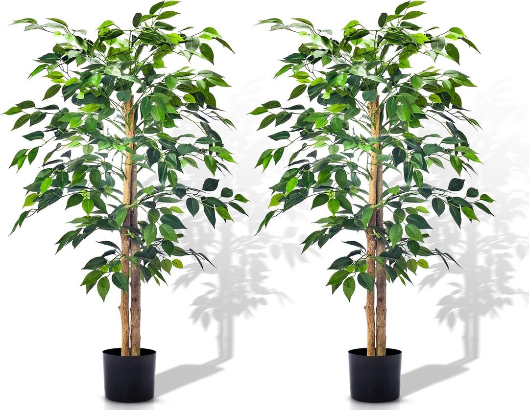 Artificial 4Ft Ficus Trees with Silk Leaves Fake Moss and Sturdy Nursery Pot, Fake Plants for Office Home Decor (4Ft - 2Packs)
