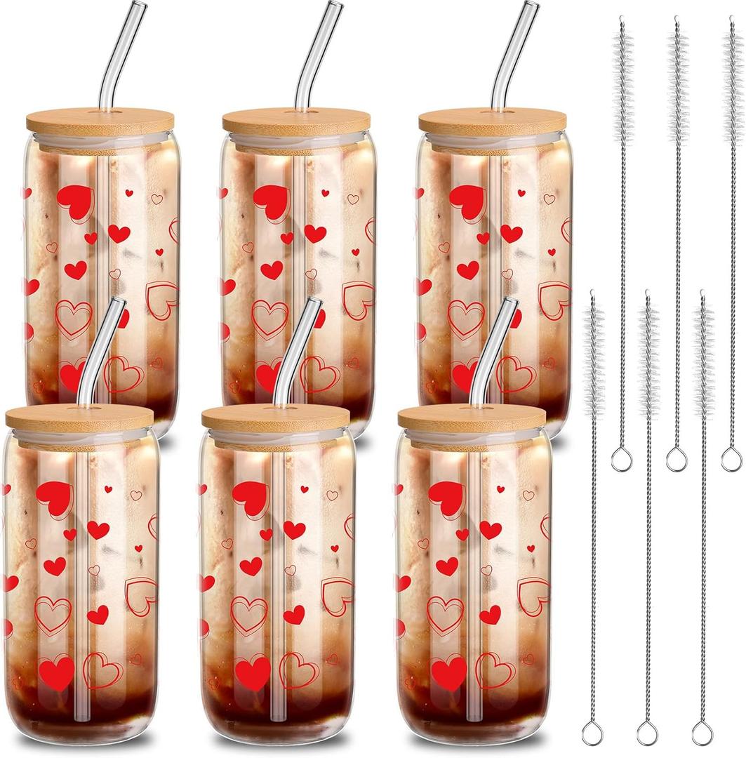 6 Pcs Valentine Gifts Glass Cups with Lids and Straws 16 oz Hearts Iced Coffee Cups Drinking Heart Women Ladies Wife Gift Valentines Day Galentines Party Supplies Wedding Birthday (Red)