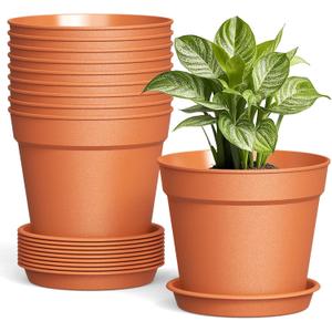10 Pack 6 Inch Plant Pots with Drainage and Saucers, Plastic Flower Pots for Indoor and Outdoor Plants, Stackable Nursery Planters for Houseplants and Herbs, Terracotta