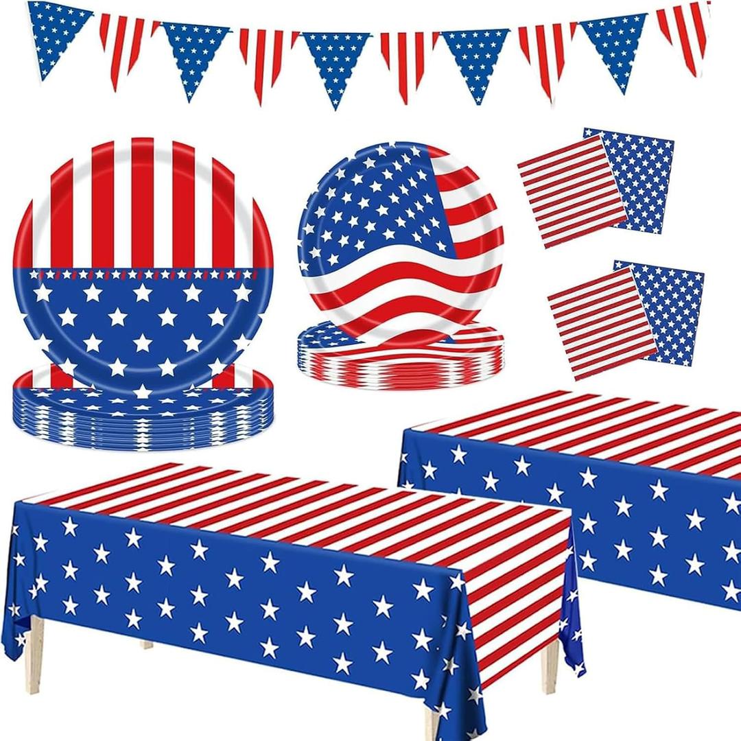 4th of July Decorations, 4th of July Paper Plates and Napkins, Patriotic Party Supplies Sets, American Flag Theme Plates Napkins Tablecloth, Banner, Red White Blue Decorations, Serve 25