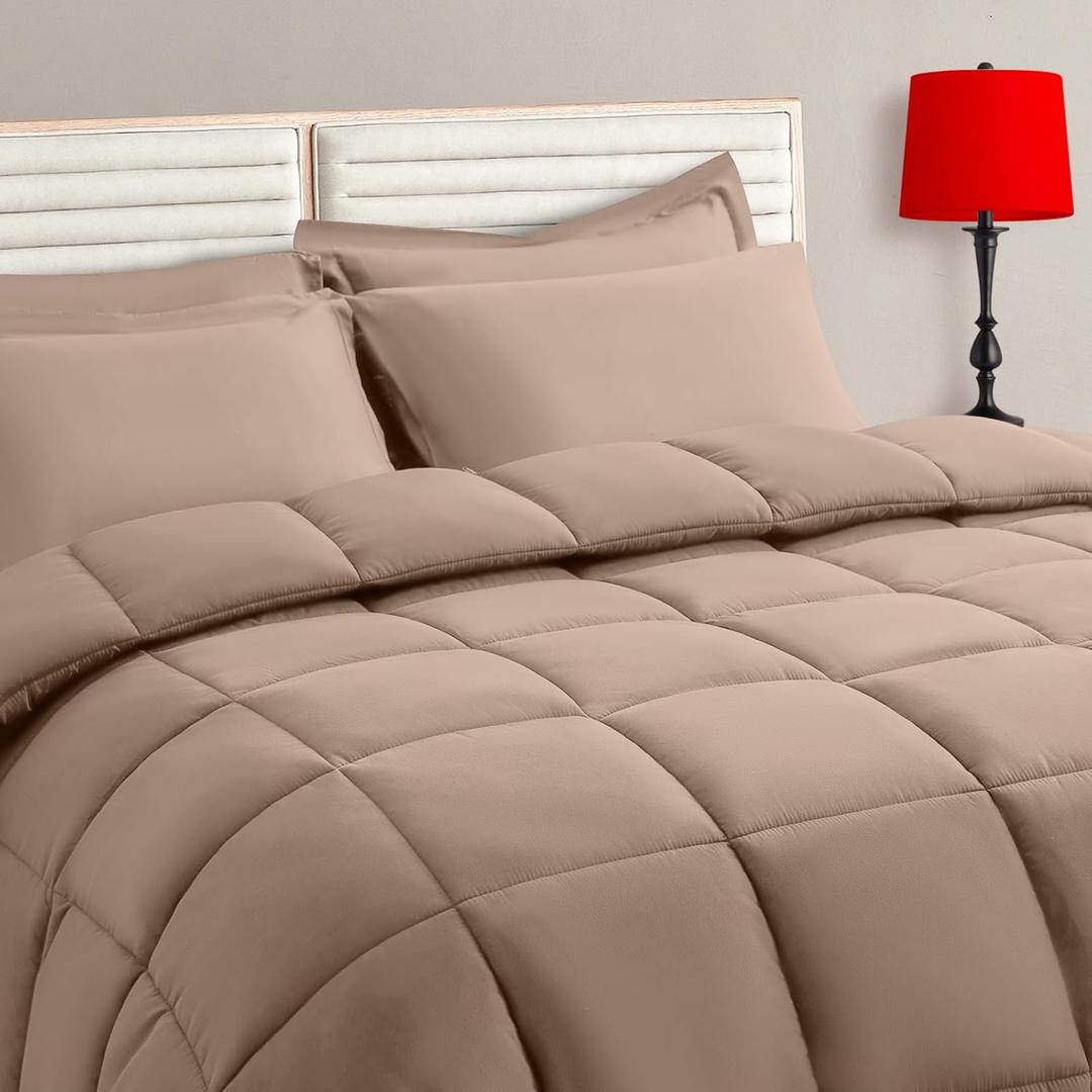 TAIMIT Beige Full Size Comforter Set - 7 Pieces, Bed in a Bag Bedding Sets with All Season Soft Quilted Warm Fluffy Reversible Comforter, Flat Sheet, Fitted Sheet, 2 Pillow Shams,2 Pillowcases
