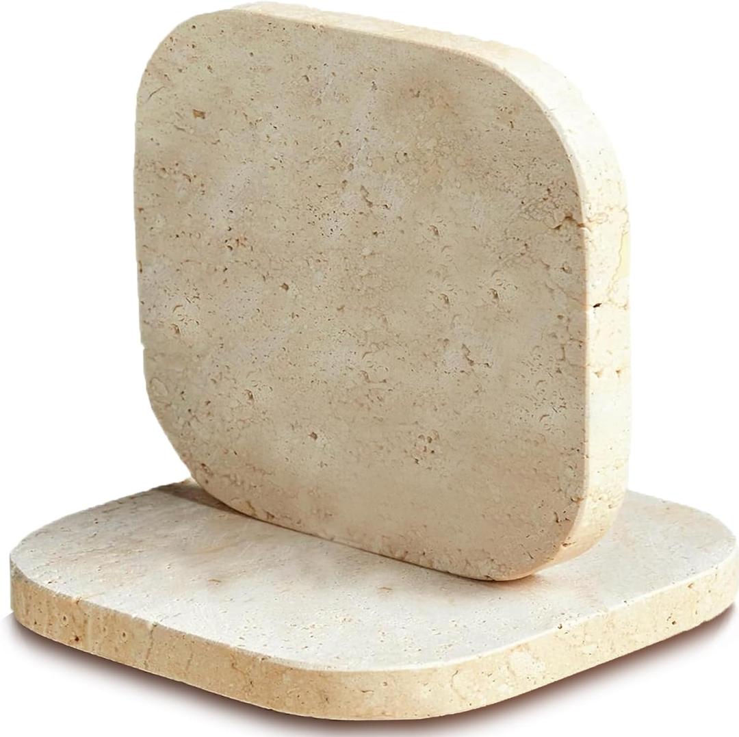 2PACK Travertine Marble Coasters Natural Coaster Set of 2, 4" Square Stone Drink Coasters with Thick Cork Backing, Durable Non-Slip Cup Mats, Table Protection for Coffee, Kitchen, Bar, Wedding (Small)