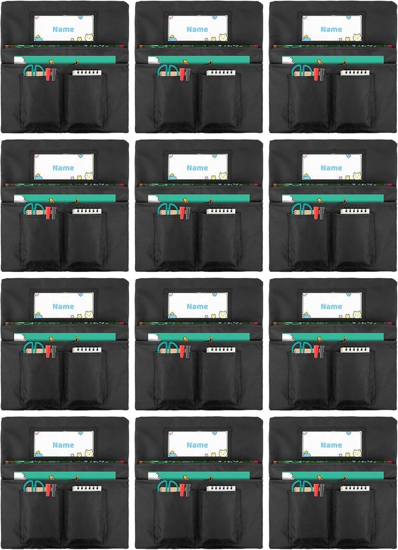 Toriexon Chair Pockets 13 x 14 inch, Small Chair Organizer K-2 with Name Slot and 4 Storage Pockets Suitable for Kindergarten School and Home Seating Storage - Black, 12 Pack