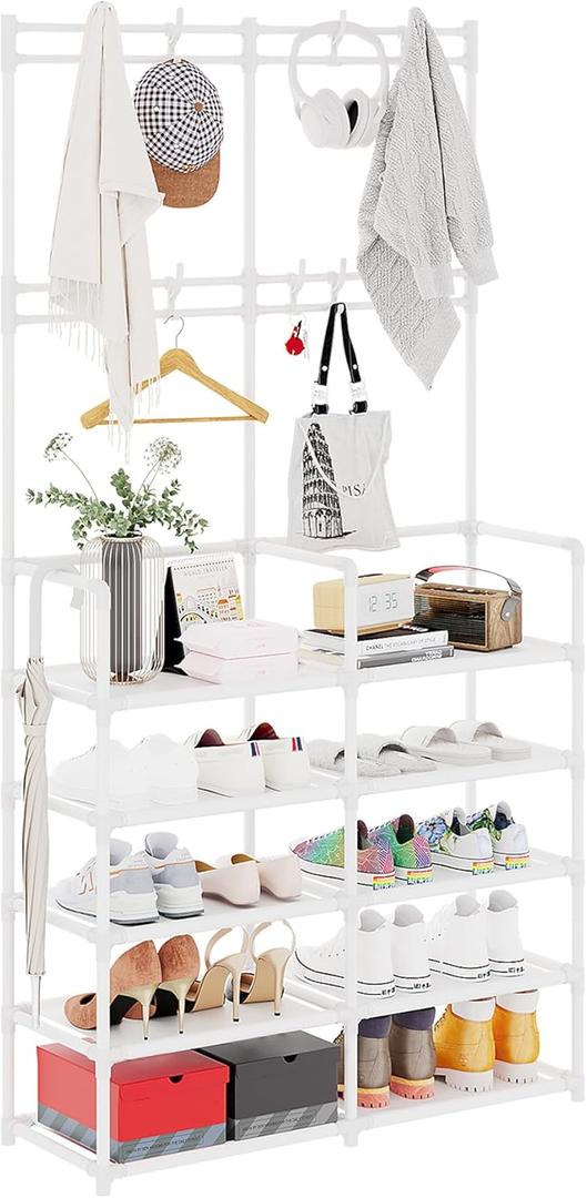 UDEAR 5-Tier Coat and Shoe Rack, Entryway Coat Rack with 9 Hooks, Double Row Shoes Organizer for Living Room, Bedroom, Office,White