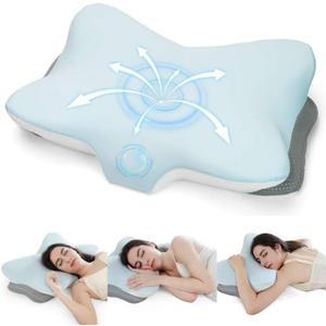 Ergonomic Cervical Pillow for Neck Support, Memory Foam Orthopedic Contour Side Sleeper Pillows with Dual Heights, Soft Bed Pillow with Breathable Pillowcase for Back, Stomach Sleepers(Blue), Butterfly