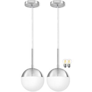 Mccokaige 6 Inch Nickel 2 Pack Mid Century Modern Pendant Light Pendants for Kitchen Island Frosted Milky White Glass Globe Height-Adjustable Modern Hanging Globe Pendant Light for Bedroom (Bulb Incl)
