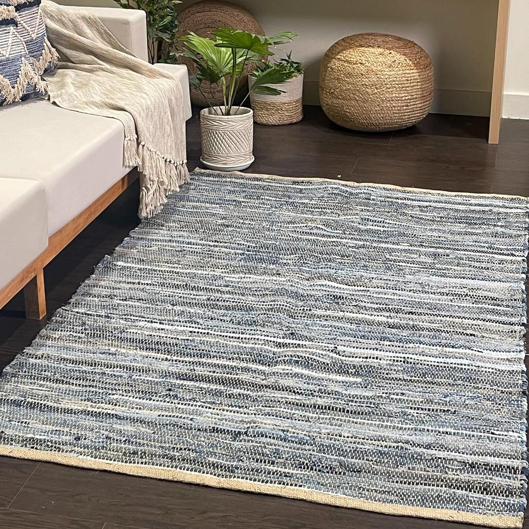 Chardin home Farmhouse Rag Rug 4x6 feet Denim Blue | Cotton & Jute Hand Woven Chindi Rug, Long Boho Rug | Perfect for Hallways, Kitchens, Bathroom, bedrooms | Shades of Blue (4' x 6' (Rectangular))