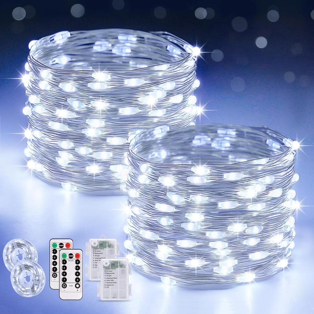 JMEXSUSS 2 Pack White Fairy Lights Battery Operated, Total 200 LED 66ft Twinkle Lights with Remote, 8 Mode White String Lights for Bedroom Ceiling Centerpiece Tree Indoor Outdoor Decor