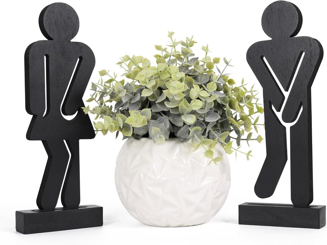 Set of 3 Farmhouse Bathroom Decor Signs Rustic Wooden Restroom Decorative Signs with A Potted Artificial Plant