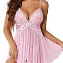 Avidlove Sexy Lingerie for Women V-Neck Lace Babydoll Mesh Chemise Sleepwear Boudoir Outfits (XX-Large, Pink)