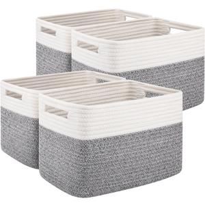 OIAHOMY 4 Pack Storage Baskets for Organizing, Basket for Shelves with Handle, Woven Baskets for Storage Toys, Towels, Books, Cotton Rope Basket 13" L x 9 " W x 7.8 " H, Grey & White