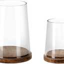 Set of 2 Glass Hurricane Candle Holders with Handmade Sturdy Glass Sleeves and Vintage Natural Wood Base for Pillar Candle & Plants, Industrial, Farmhouse, Display Cloche Bell Jars, Table Centerpiece