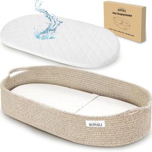 Baby Changing Basket Foldable Baby Changing Pad and Waterpoof Cover, Premium Handmade Cotton Rope Reinforced Moses Baskets Changing Table Topper, Built-in Security Strap (Warm Brown)