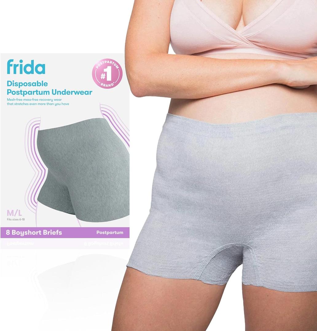 Frida Mom 8pc Postpartum Underwear, Disposable Boyshort Panties, Seamless, Stretch Support, New Mom Essentials, Size Regular (28in-42in)