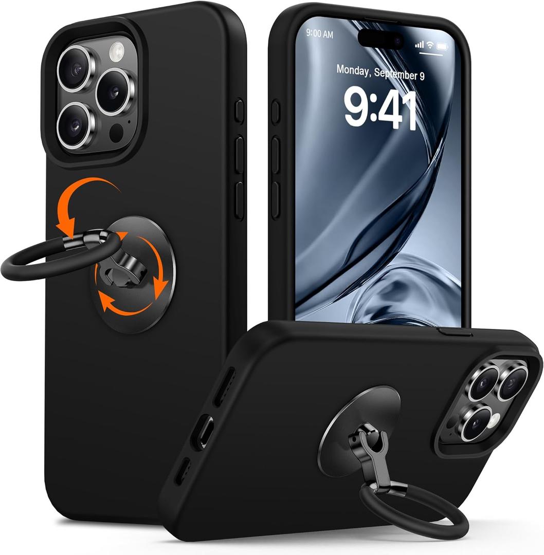 XYZ for iPhone 15 Pro Max Case with Stand [Rotatable 360 Soft Ring Holder], Premium Silicone with [Soft Anti-Scratch Microfiber Lining] Phone Cover for Men Women Girls 6.7 Black