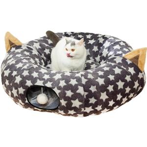 LUCKITTY Large Cat Tunnel Bed Under Christmas Tree with Fluffy Toy Balls, Small Cushion and Flexible Design- 10 inch Diameter, 3 ft Length- Great for Cats, and Small Dogs, Gray Star Pattern