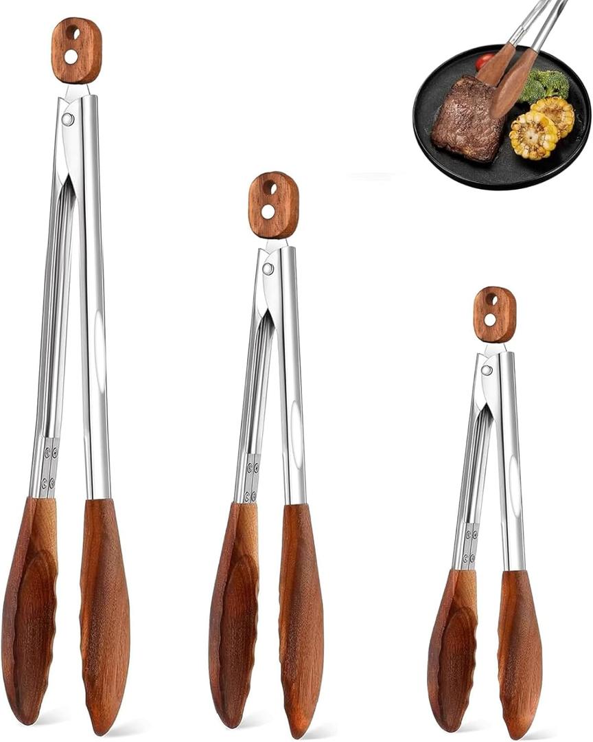 Wooden Tongs Set Of 3 (7", 9", 12"), Stainless Steel BBQ Tongs For Cooking, Frying, Grilling And Salad, Heat Resistant, Non-Slip, Heavy Duty