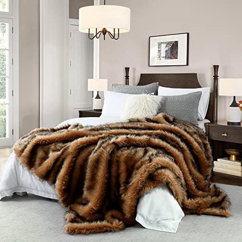 Luxury Plush Faux Fur Blanket Queen Size, Long Pile Brown with Black Tips Blanket, Oversized Super Warm, Fuzzy, Elegant, Fluffy Decoration Blanket Scarf for Sofa, Armchair, Couch and Bed, 90"x90"