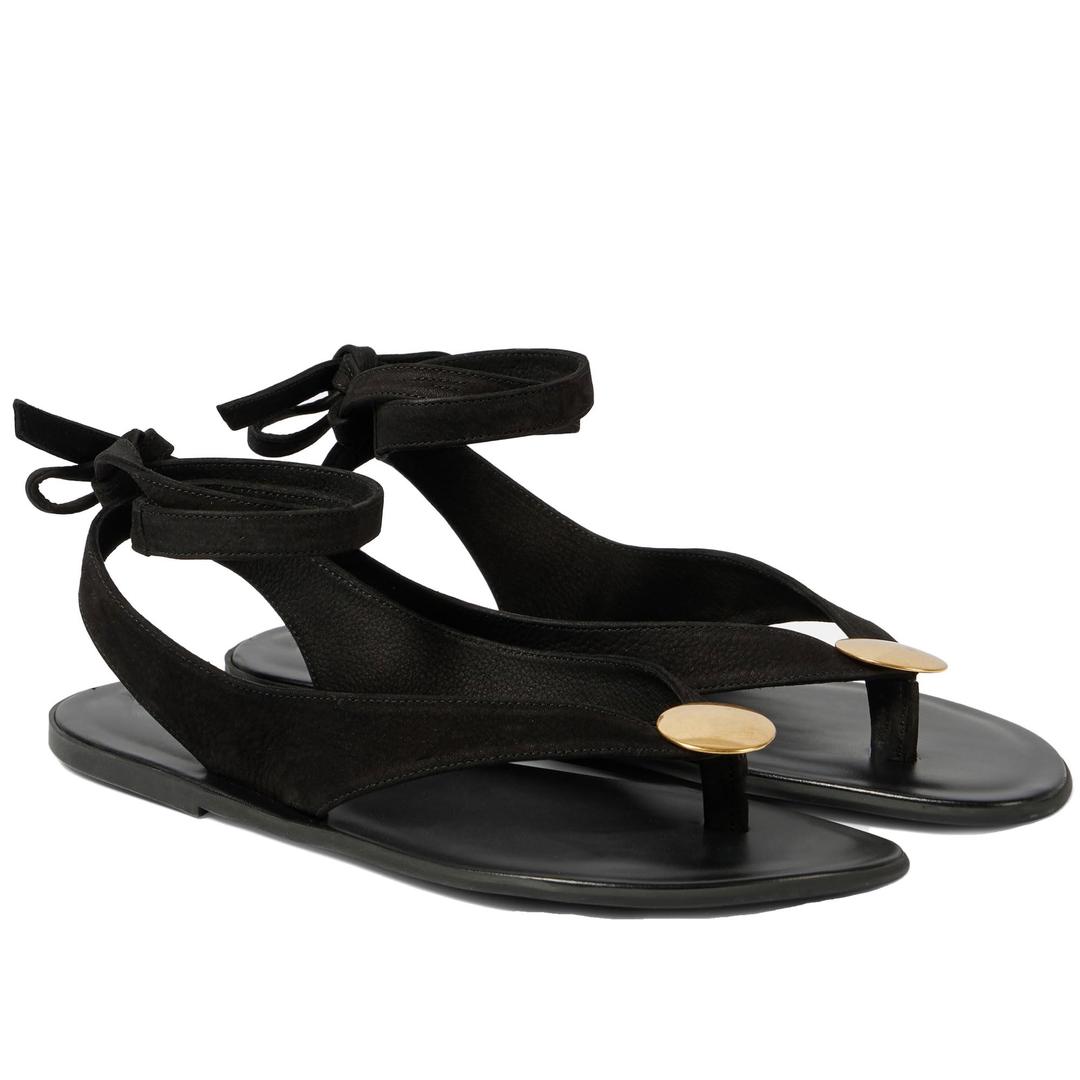 VorisVina Black Cute Flat Sandals for Women Ankle Strappy Thong Sandals Ladies Summer Dress Flip Flops with Metal Circular