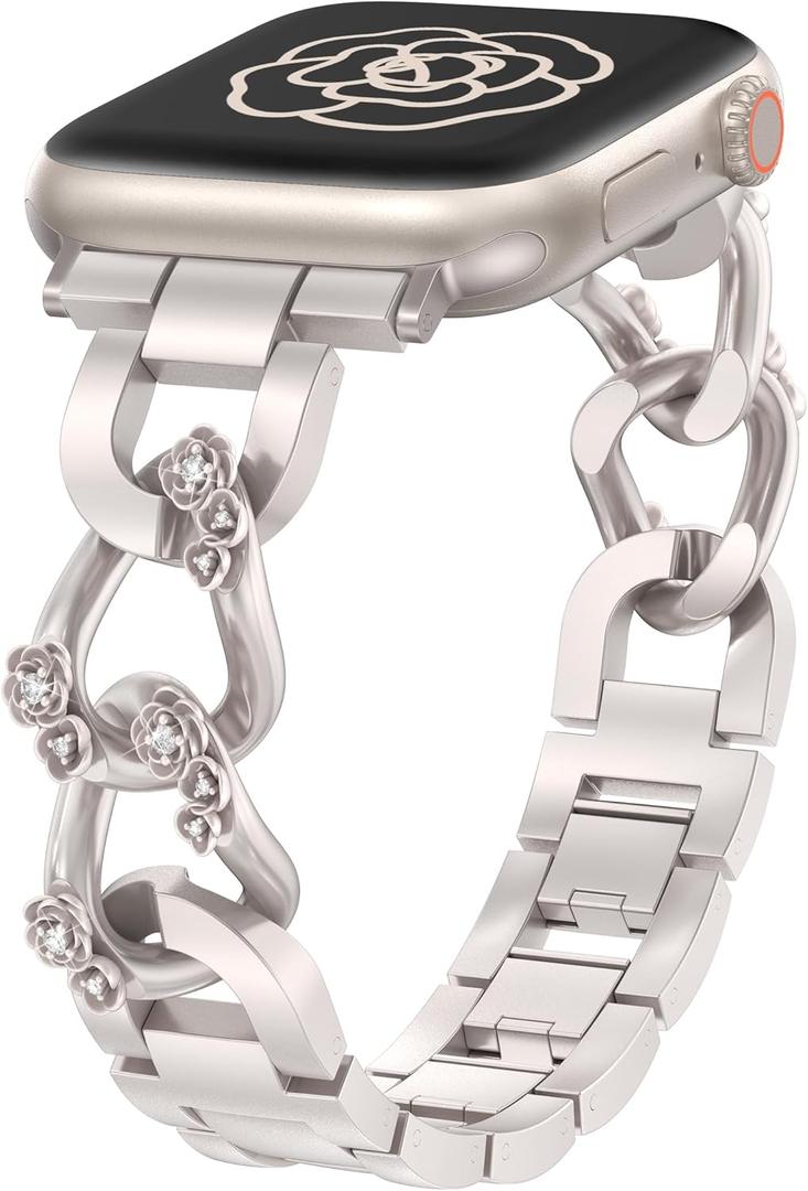 Wearlizer Compatible with Apple Watch Bands for Women 41/40/38/44/45/46/49/42mm, Dressy Fancy Bling Metal Chain Strap Pretty Designer Bracelet for iWatch Series 11 10 9 8 7 6 5 4 3 SE/Ultra 3 2 1 (Starlight)