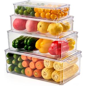 4 Piece Refrigerator Organizer Bins, Clear Fridge Organizers and Storage, Stackable with Lids, Food Storage Containers for Fruit, Vegetable, Drinks, Cereals