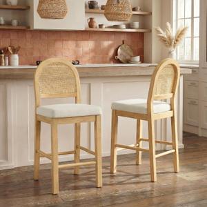 Upholstered Rattan Bar Stools, 26'' Counter Height, Set of 2, Natural