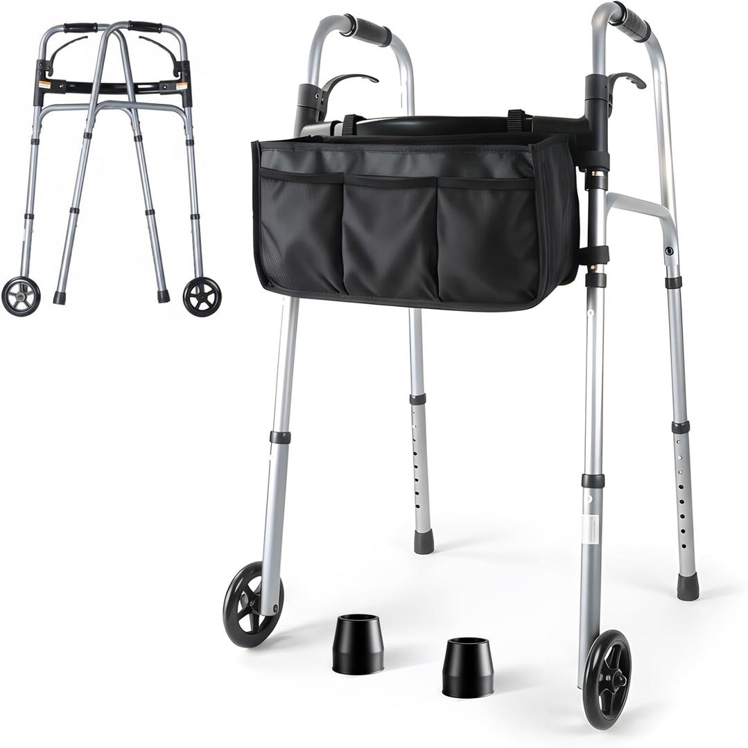 Folding Walkers for Seniors with Basket: Standard Walkers for Seniors Lightweight Portable Walker Adjustable Height Standard Upright Walker for Elderly Disabled Bariatric (Sliver + Black)