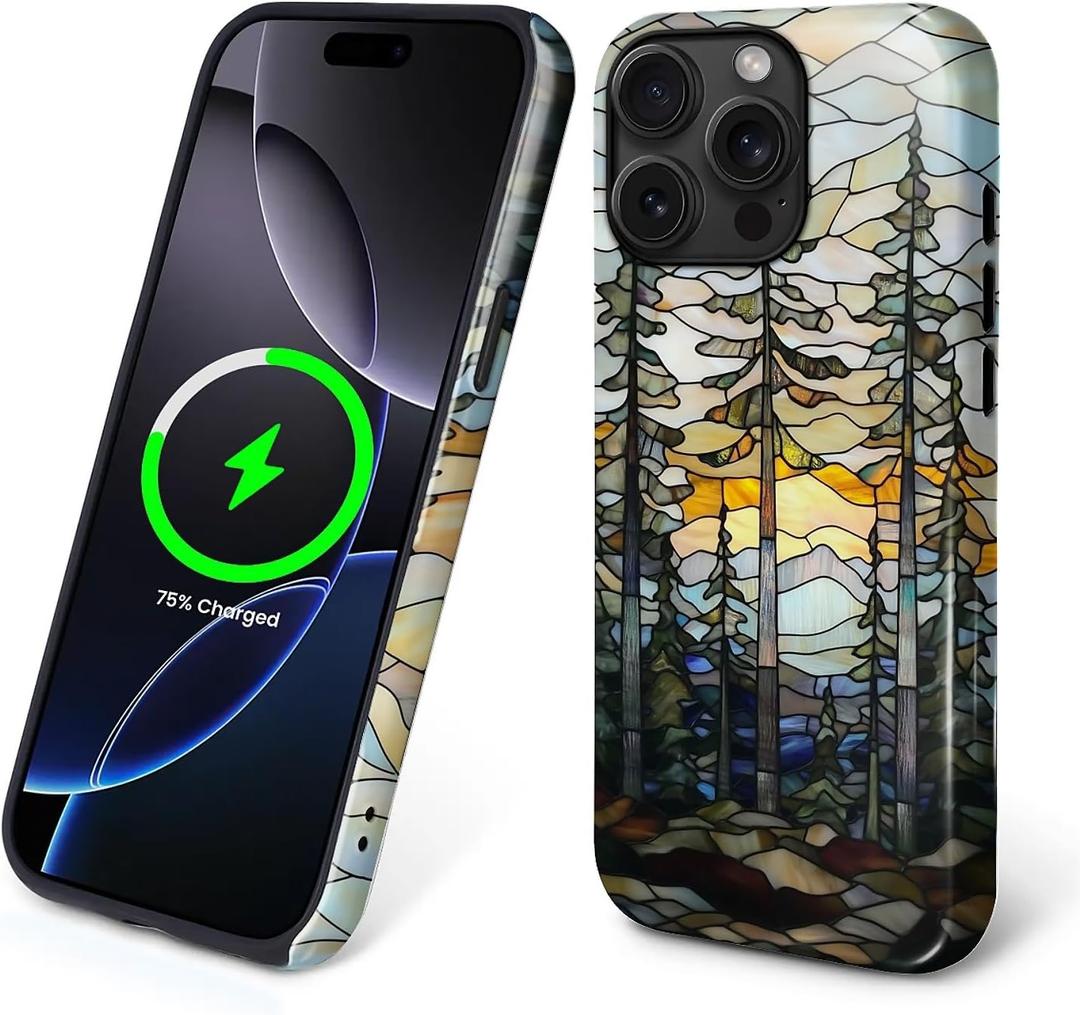 Magnetic Case for iPhone 15 Pro Max,Compatible with Magsafe,PC Hard Shell Silicone Inner Bumper,Anti-Scratch Full-Body Cover Shockproof Slim Case for iPhone 15 Pro Max - Mountains Sunset