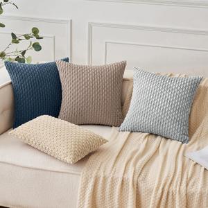 Woaboy Blue Throw Pillow Covers 18x18 Inch Set of 2 Decorative Couch Pillow Covers Farmhouse Soft Corduroy Boho Home Decors for Winter Spring Cushion Bed Sofa Living Room, Beige 