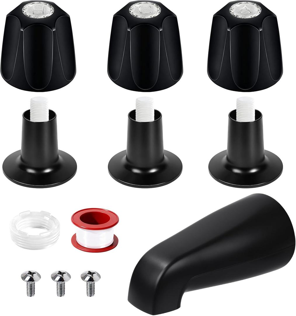 Matte Black 3 Piece Shower Knob and Bath Tub Spout Kit, for Price/Pfister Verve 3 Handles and Tub Shower Faucet, Includes 3 Shower Knob, 3 Flange Base, 1 Tub Spout for 1/2" IPS, 3/4" IPS Pipe