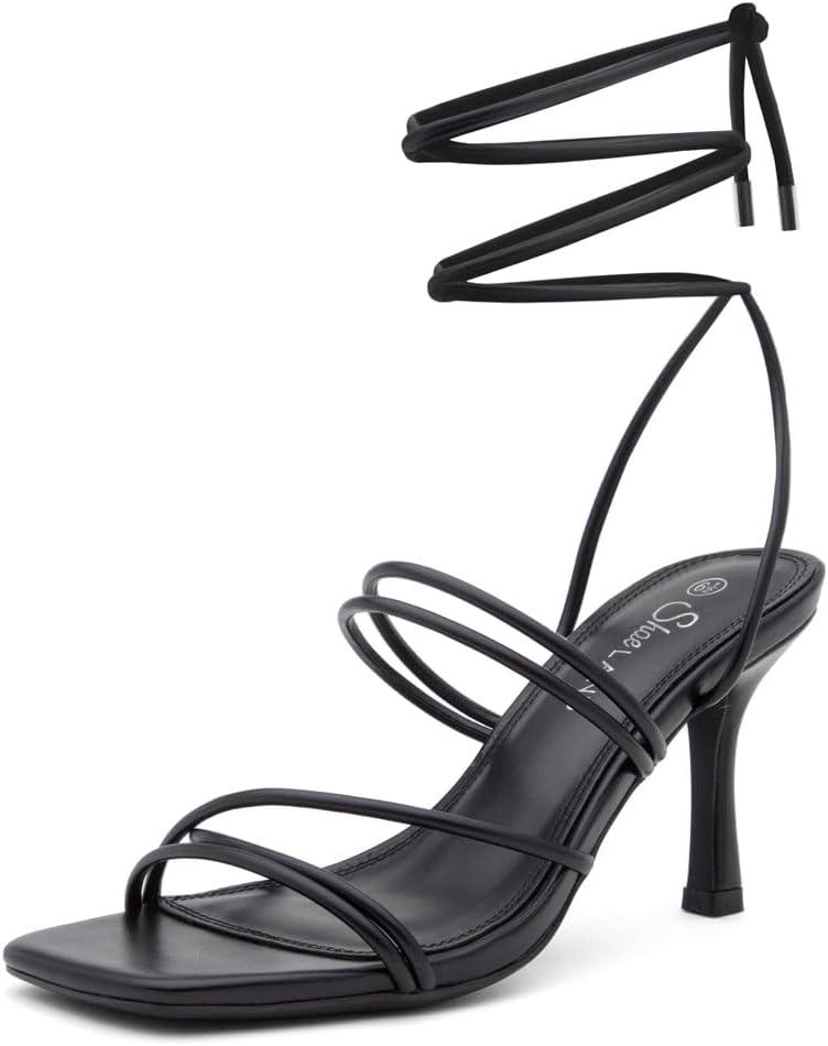 Shoe Land Women's Strappy Heels  Square Open Toe Lace-Up Heeled Sandals with Adjustable Ankle Wrap, Comfy 3-Inch Stiletto Dressy Evening High Heels for Wedding & Party (6.5, Black)