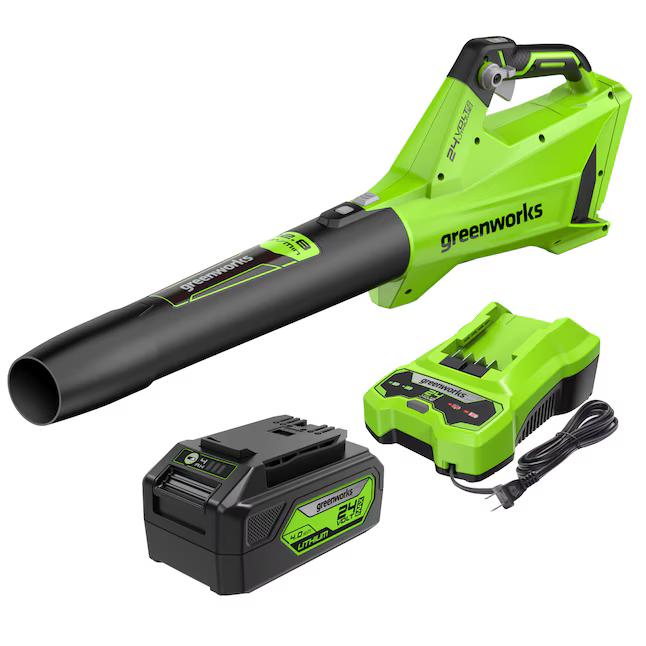 Greenworks 24V (110 MPH / 450 CFM / 200+ Compatible Tools) Cordless Brushless Axial Leaf Blower, 4.0Ah Battery and Charger Included