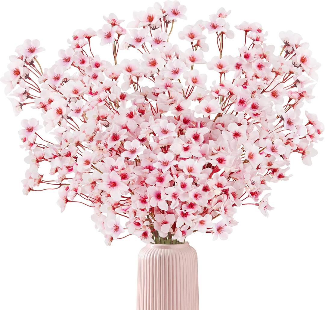 16PCS Artificial Cherry Blossom Flowers, 15.7" Fake Pink Peach Flowers Slik Faux Cherry Blossom Stems Flower Boquet for Home Vase Wedding Party Spring Decoration