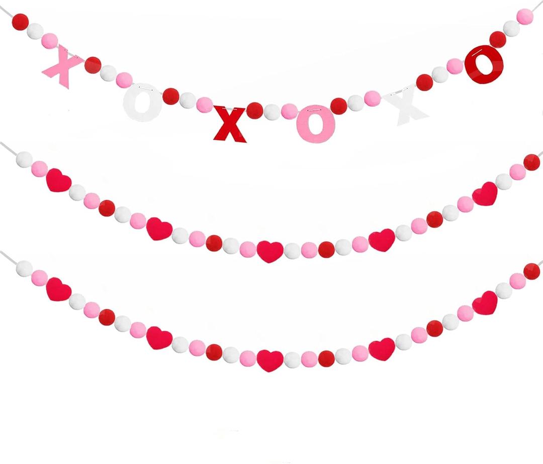 Valentines Day Decorations, 3 PCS Felt Garland with XOXO and Red Heart Shape Garland for Valentine Party, Wedding, Anniversary, Valentines Day Banner for Mantle Fireplace Walls Room Decor