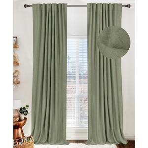 100% Blackout Shield Linen Blackout Curtains for Bedroom 96 Inches Long, Back Tab/Rod Pocket Living Room Drapes, Thermal Insulated Blackout Curtains 2 Panels Set, 50" W x 96" L, Light Sage