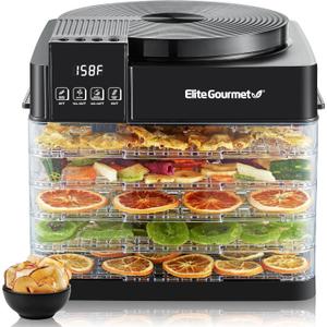 Elite Gourmet EFD422 Digital Food Dehydrator with 5 BPA Free Trays, Top Mounted Fan & Heater, Adjustable Timer and Temperature Controls, Jerky, Herbs, Fruit, Veggies, Snacks, Black