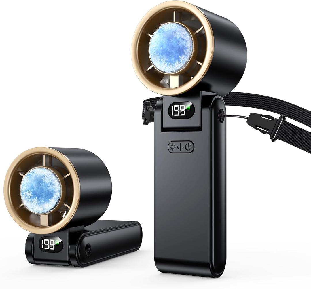 Portable Handheld Turbo Fan with Ice Cooler, 199 Speed Personal Fan,5500mAh Rechargeable,20H Cooling Time,20000 RPM Powerful Silent Motor, Summer Essential for Travel/Outdoor/Office, Black Gold