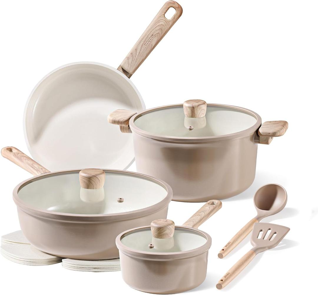 CAROTE 12Pcs Ceramic Pots and Pans Set Non Stick, Healthy Cookware Set, PFAS/PFOA Free, Kitchen Cooking Set with Frying Pans, Taupe (Brown)