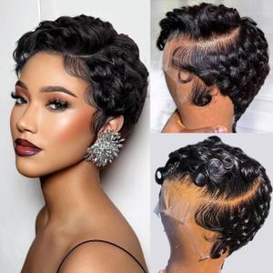 Short Curly Pixie Cut 13x4 Lace Front Wig Human Hair Wigs 13x4 HD Lace Frontal Wigs Short Layered Curly Glueless Wig Pre Plucked Deep Wave Pixie Cut Human Hair Wigs for Black Women, Natural Black
