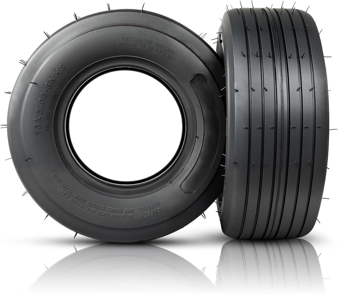 2Pcs 13x5.00-6 Tire - 13x5x6 Lawn Mower Tires for Riding Garden & Tractor, Straight Rib, Fits Grass Mud Hilly Terrain, 2PR