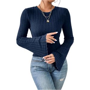 SweatyRocks Women's Bell Sleeve Crop Tops Dressy Casual Crewneck Lettuce Trim Ribbed Fitted Shirts (Medium, Dark Blue)