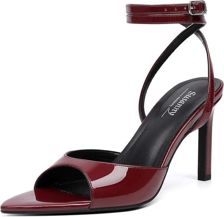 Susanny High Heels for Women Pointed Open Toe Strappy Chunky Block Heels Ankle Strap Stiletto Kitten Heeled Sandals Wedding Bridal Party Prom Sexy Dress Shoes 8.5