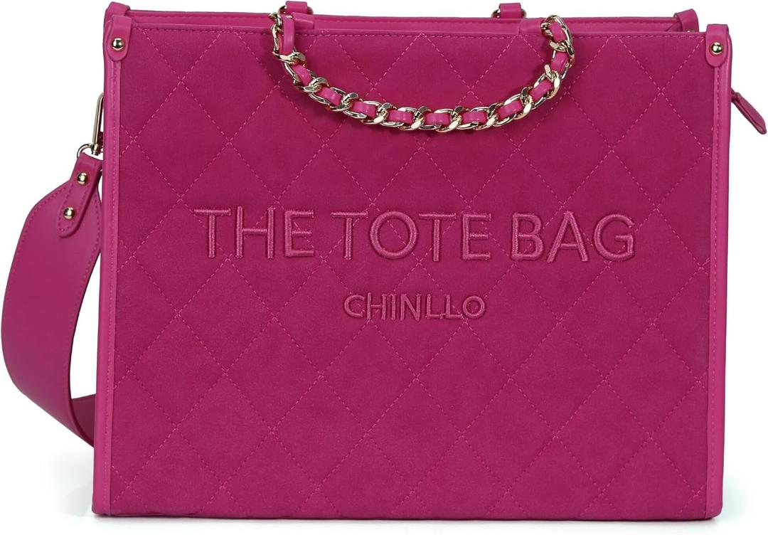 Chinllo Tote Bag for Women Top Handle Satchel Purse and Handbags with Shoulder Strap (Medium 14 IN, Fuchsia-suede)